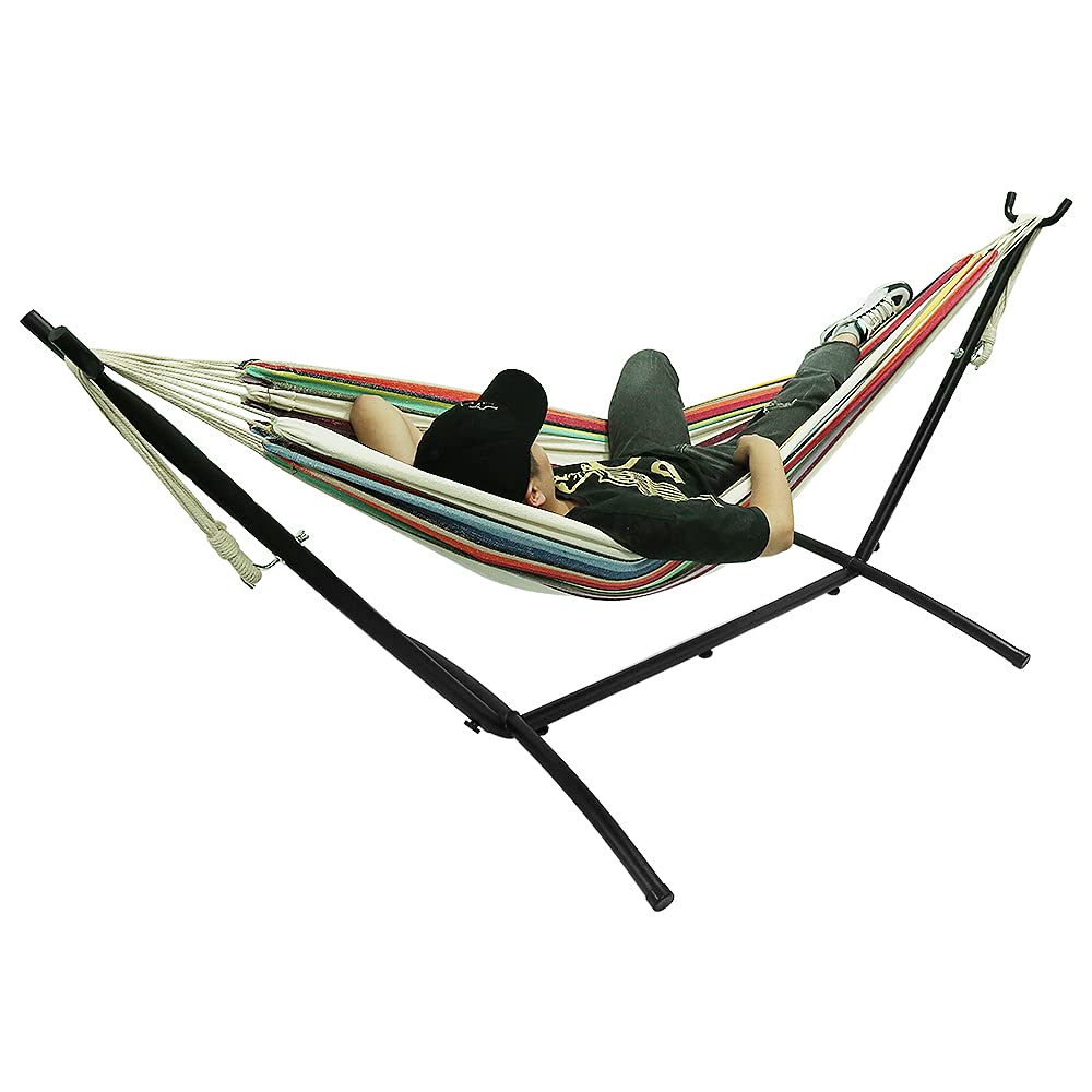 Amaca da Campeggio con Supporto Amaca da Giardino per Esterni in Tessuto Singolo con Telaio in Metallo con Borsa Portatile e Accessori, Capacità di Carico 200 Kg, per Viaggi, Patio, 257 * 107 * 96 cm