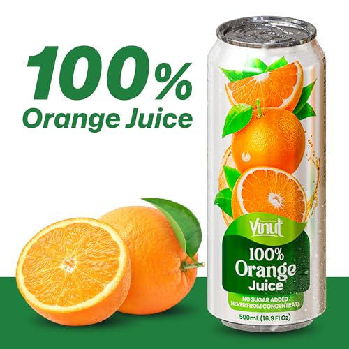 Image of VINUT 100% Orange Juice, No Added Sugar, Never From Concentrate, 16.9 fl oz (500 mL) Can, Pack of 12