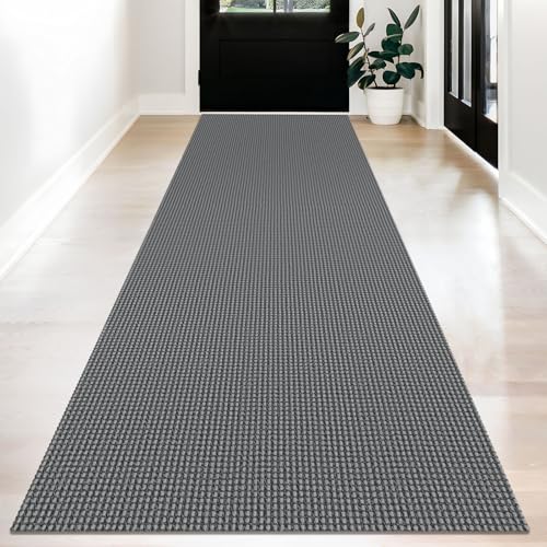 KOZYFLY Long Runners for Hallways 3x12 ft Washable Kitchen Runner Non Slip Rubber Backed Hallway Rugs Cotton Entryway Runner Rug Floor Carpet for Indoor Hall, Backdoor, Kitchen, Grey/Dark Grey