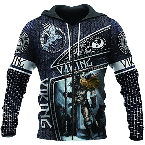 Hoodie Viking Odin imprimé 3D sweat rétro à fermeture éclair et grande poche pour homme