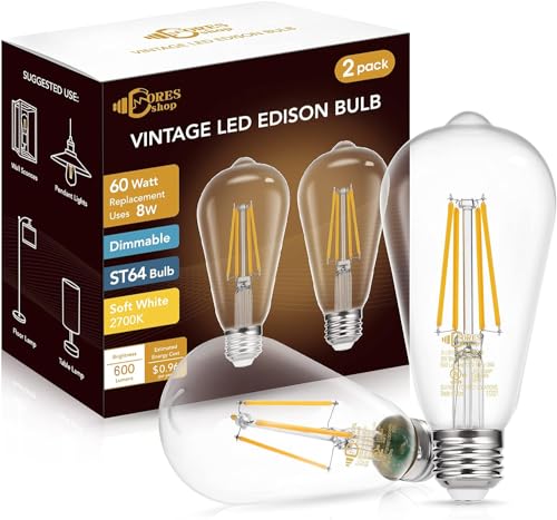 DORESshop Dimmable Vintage LED Edison Bulbs, 8W, Equivalent 60W, 800 Lumens, 90+ CRI,Warm White 2700K, ST64 Antique LED Filament Bulbs, Eye Protection LED Bulb, E26 Medium Base, Clear Glass, 2 Pack