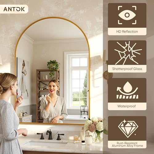 Image of Antok Arched Bathroom Mirror, 30 inchx40 inch Wall Mounted Mirror, Vanity Mirrors for Over Sink, Aluminum Alloy Frame Bathroom Mirrors Living Room, Bedroom and Entryway, Gold