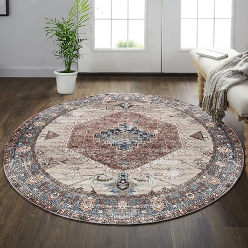 vivorug Round Rug 4FT Vintage Round Area Rug Non-Slip Indoor Carpet for Living Room Bedroom Entryway, Stain Resistant Home Decor Circle Rug, Brown