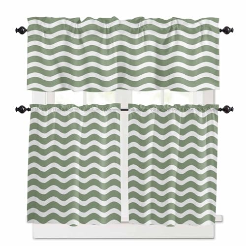 Sage Green Striped Kitchen Curtains 36 Inch Length,3 Piece Rod Pocket Small Half Tiers and Valance Set,Modern Waves Abstract Water Ripple Small Large Window Treatment Decor for Bedroom/Bathroom Sink