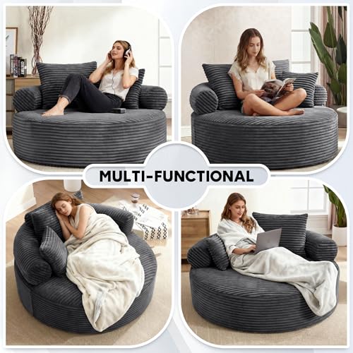 Image of Oversized Round Chair Lounge Chaise Indoor, 55.5 inch Upholstered Corduroy Deep Seat Single Cloud Sofa Chair, Fluffy Modern Large Circle Boneless Sleeper Sofa for Living Room, Bedroom, Dark Grey