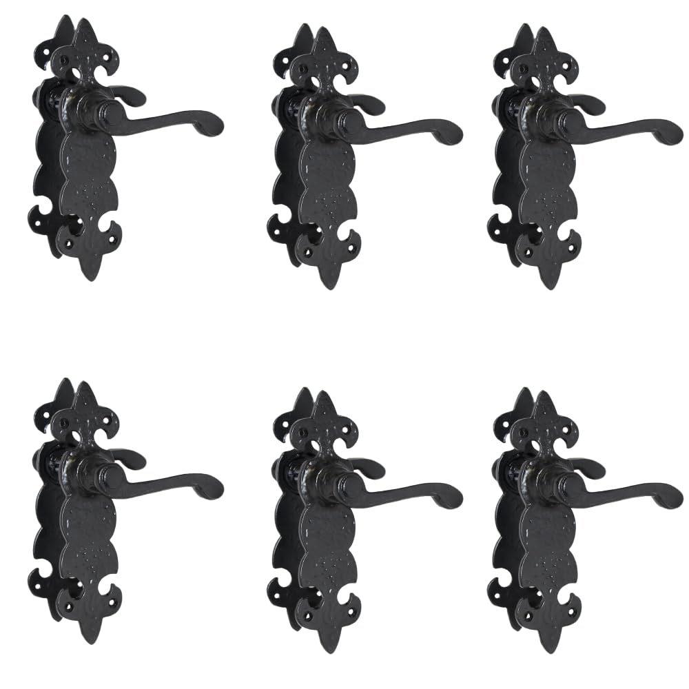 Epsom Door Handle Fleur de LYS Black Door Handle – Traditional Wrought Iron Style (Back Plate) 6 Pack