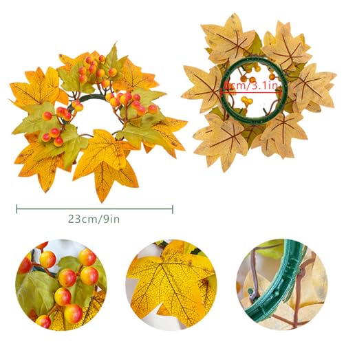 4 Pcs Fall Candle Rings Wreaths Artificial Maple Leaves Candle Holders with Berries Pumpkin Decorative Autumn Garland Candlestick for Farmhouse Fall Thanksgiving Halloween Table Centerpiece Decor(A)