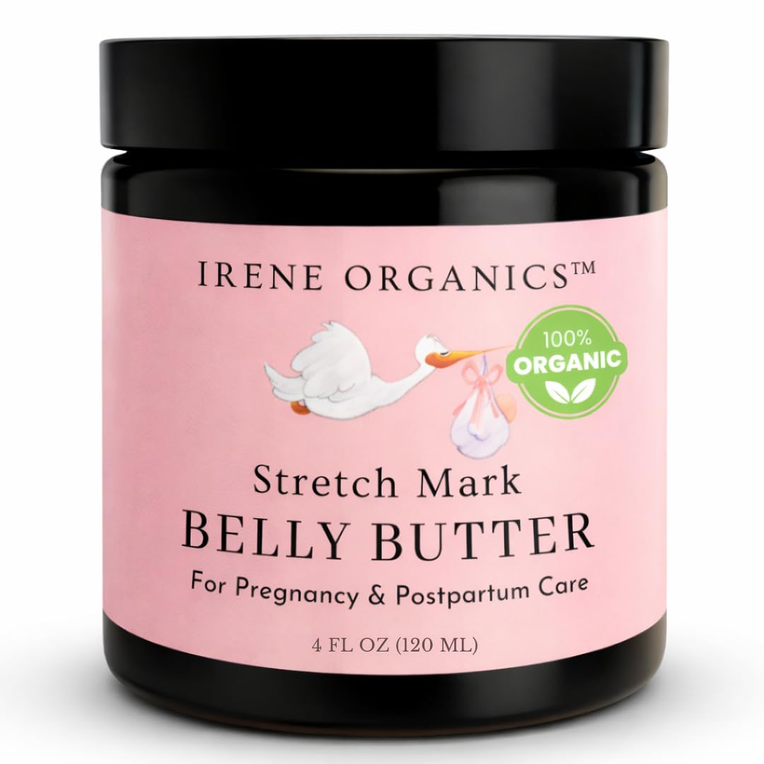 Organic Belly Butter for Pregnancy Stretch Mark Prevention and Treatment by Irene Organics - Award Winning Anti Stretch Mark Tummy Balm For Pregnancy and Postpartum 4oz - Hydrating Bump Cream