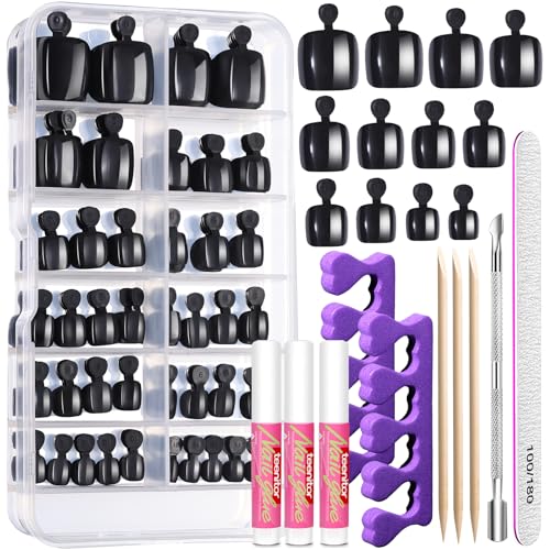 Teenitor Toe Nail Press ons with Glue Set 120pcs Black Press on Toenails for Women Toe Press on Nails Fake Toe Nails Tips Kit False Toenails Square