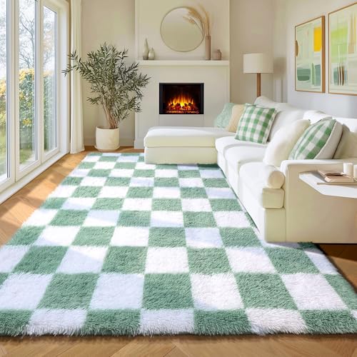 Image of KICMOR Fluffy Sage Green and White Rugs Living Room Carpet, 5x7 Large Fuzzy Checkered Shag Area Rug for Bedroom Aesthetic, Furry Soft Plush Shaggy Rug for Nursery Kids Girls Boys Room Home Decor