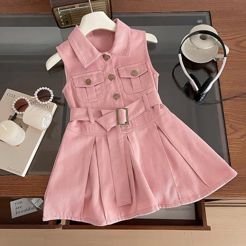 BILIKEYU Girls Denim Dress Sleeveless Buttons up Belted Waist A-line Flowy Swing Dresses with Pockets for Kids2