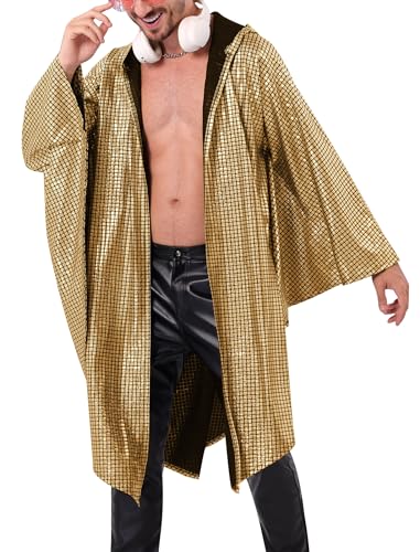 OLEMEK Mens 70s Disco Shiny Batwing Sleeve Hooded Cloak Sequins Metallic Cape Rave Party Nightclub Outerwear Gold S-M