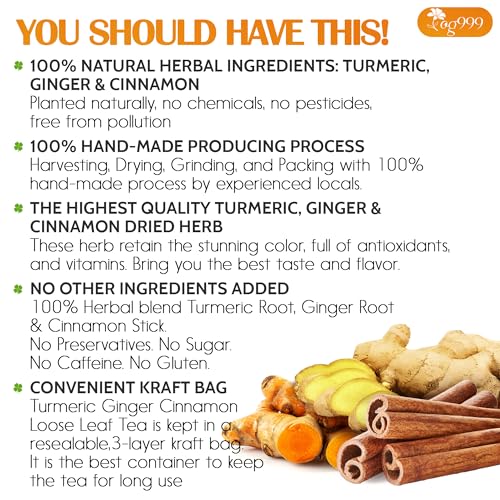 Image of TOG999, Premium 6oz Ginger Turmeric Cinnamon Loose Leaf Herbal Tea - Premium Quality Spiced Herbal Blend - Caffeine-Free, Non-GMO, Natural Dried Roots and Bark. Vegan-Friendly.