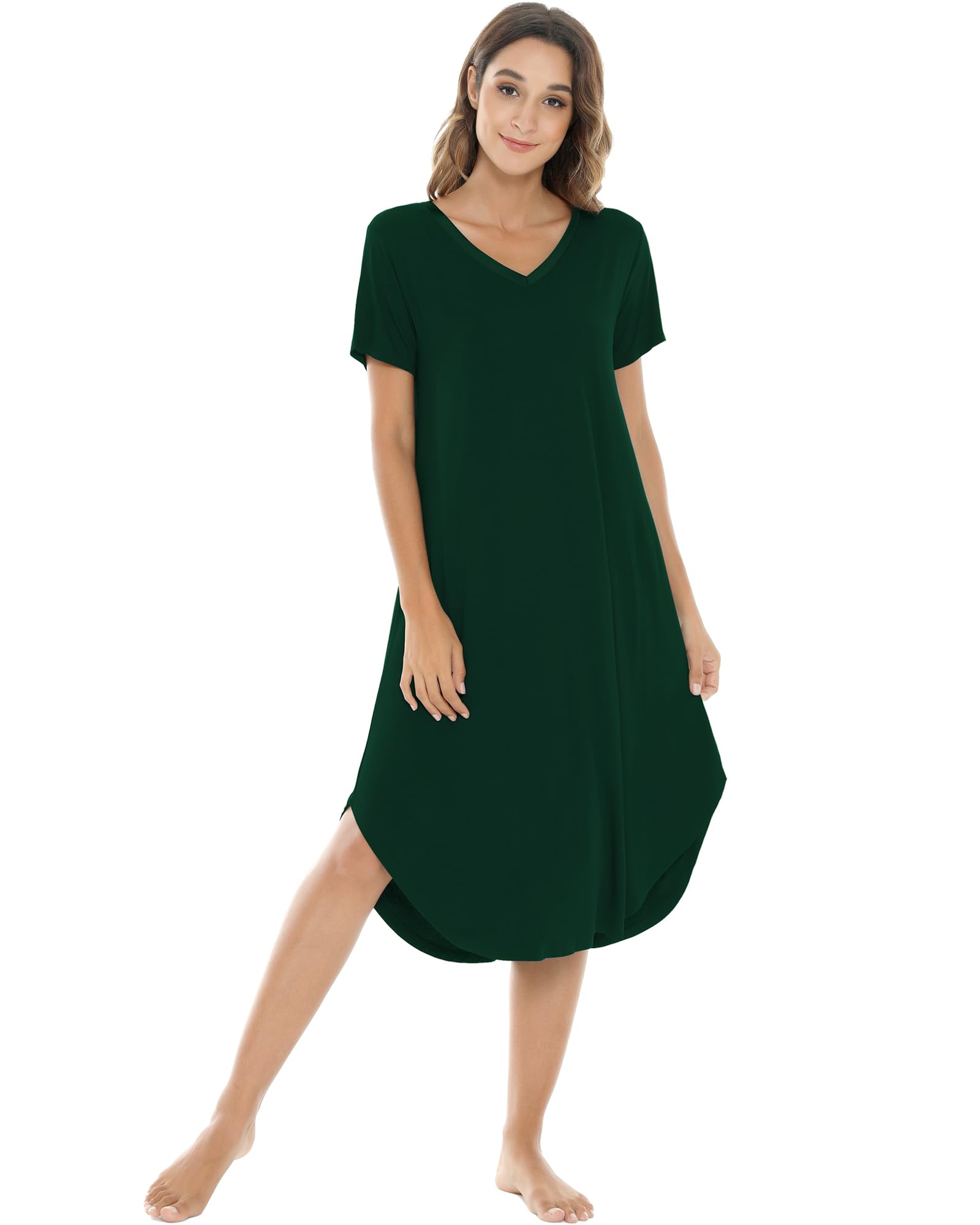 NACHILA Bamboo Viscose Nightgowns for Women Cooling Short Sleeve Sleepshirt | Soft V Neck Night Gowns, Moisture-Wicking Sleepwear for Hot Flashes &amp; Night Sweats, Ladies Nightshirts for Sleep, Home, Gift