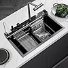 30in Black Drop In Kitchen Sink Multifunctional Digital Display Smart Drop In Kitchen Sink Honeycomb Nano Modern Kitchen Sinks with Cutting Board & 4 in 1 Pull-Out Faucet Workstation Sink