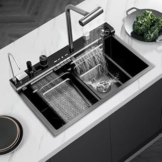 30in Black Drop In Kitchen Sink Multifunctional Digital Display Smart Drop In Kitchen Sink Honeycomb Nano Modern Kitchen Sinks with Cutting Board & 4 in 1 Pull-Out Faucet Workstation Sink