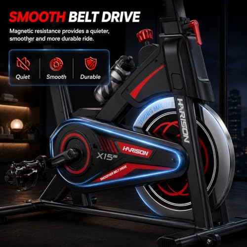 Image of HARISON Exercise Bike, Magnetic Stationary Bike for Home Gym, Adjustable Resistance Quiet Dual-Belt Indoor Cycling Bike with 380lb Capacity, APP Connectivity, Push-to-Stop, 6-Level Handlebar