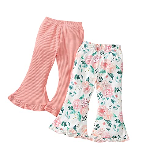 Image of Rarjuiey Infant Kids Baby Girl Ribbed Ruffle Bell Bottom Flare Pants Solid Color Casual Elastic Waist Wide Leggings Trousers (Pink + Floral, 0-6 Months)