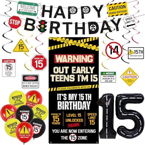 Roetyce 15th Birthday Decorations Boys Girls Blakc Happy 15th Birthday Banner Backdrop Balloons Hanging Swirls Caution Logo Themed Teenager 15 Years Old Party Yard Door Wall Cover Background