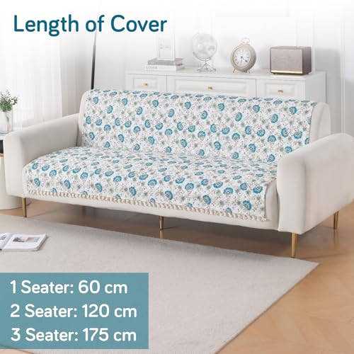 Image of HOKIPO Cerulean Bloom Quilted Sofa Cover for 3 Seater with Tassels for Seat & Back, 'Tassel Twigs' Series (IN-991-T6)
