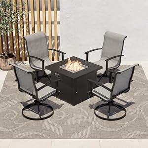 Grand patio 5-Piece Patio Furniture Sets with 30 Inch CSA Approved 50,000 BTU Square Propane Fire Pit Table Outdoor Swivel Rocking Chair 4-Piece Mixed Coffee Dining Chair Set