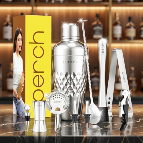 Image of O' Holic by Perch Craft 10-Piece Stainless Steel Bartender Kit|Premium Cocktail Shaker Set with Jigger 30 /60ml, Spoon,Pourer,Ice Tong, & Bar Tools|Professional Bar Set for Home &Tour Parties|Silver