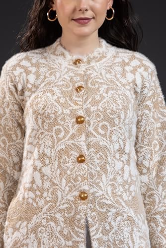 Image of Wear lusso Women Woolen Round Neck Self Design Cardigan | Heavy Hair Fabric Winter Wear | Pure Wool Long Cotty Fully Warm Cardigan Sweater