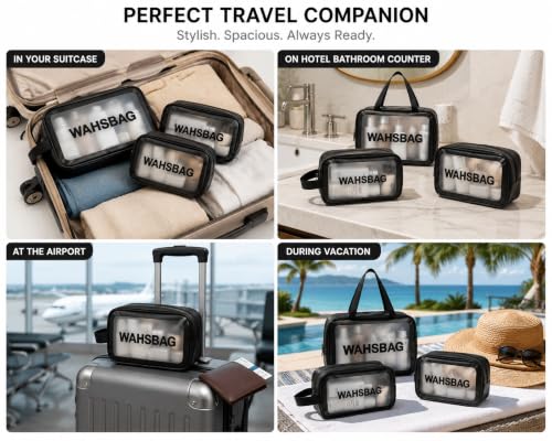 Image of MELVIS Waterproof Travel Toiletry Bag for Women | 3-Piece Pink Faux Leather Makeup & Toiletry Organizer Set with Clear Window | Cosmetic Wash Bag Pouch for Travel Accessories & Brushes (Black)