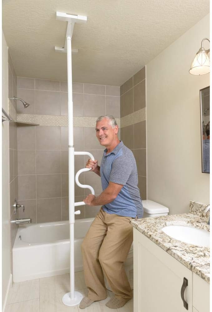 Stander Security Pole and Curve Grab Bar, Elderly Tension Mounted Floor to Ceiling Transfer Pole, Bathroom Safety Assist and Stability Rail, Iceberg White