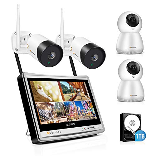 Système de caméras de sécurité WiFi sans fil avec audio, Jennov 2 caméras de vidéosurveillance PT 4 canaux Système d'enregistrement en boucle NVR 1080P avec moniteur 12''