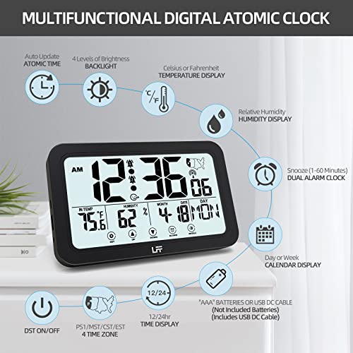 Atomic Clock With Backlight, Atomic Alarm Clock With Indoor Temperature And Humidity, Battery Operated, Usb Charger, Wall Clock Or Desk Clock For Bedroom, Living Room, Office #TOP1