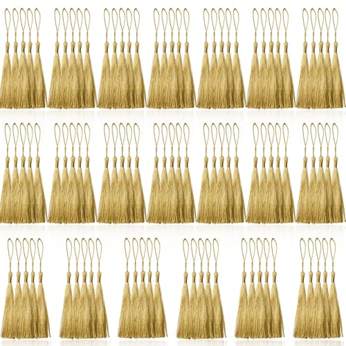Creatrill 100 Pcs Gold Mini Tassels 13cm/5 Inch with Loops for Bookmarks Jewelry Making DIY Projects