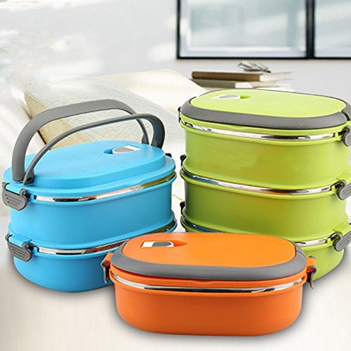 Hot Thermal Insulated Bento Stainless Steel Food Container Lunch Box 1 2 3 Layer Styles:Double Layer Colors:Blue by Ainest