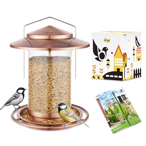 iBorn Metal Bird Feeders for Outdoors Hanging,Wild Bird Feeders for Cardinal,18cm Large Roof&Tray Brushed Copper 6 Port (Seed is not Included)