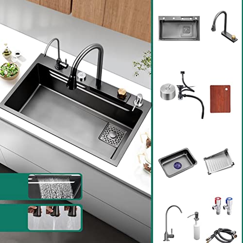 Fregaderos de cocina de acero inoxidable con escurridor, fregadero de cocina en cascada, estación de trabajo con doble repisa, práctico diseño escalonado, con grifo limpio, dispensador de jabón