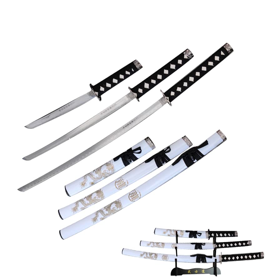 3pc Ninja Japanese Katana Samurai Sword Set Carbon Steel Blade Bushido Stand