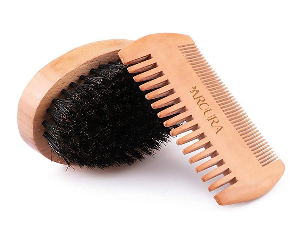 Aroura Premium Beard Comb & Beard Brush Set Natural Bristle Brush and Dual Action Pear Wood Comb to Spread Balm or Oil for Growth - Softness Exfoliates Skin Helps Softening and Conditioning