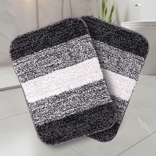 Image of SARAL HOME EASY LIVING Microfiber Striped Rectangle Shaped Anti-Skid Bath Mats | Soft & Super Absorbent Mats for Shower | Washable, Non-Slip & Quick-Drying Mats, 35x50 CM | Pack of 2 (Black)