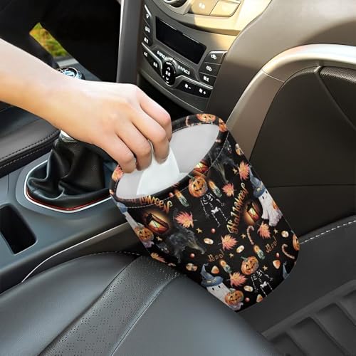 Image of Ghost Pumpkin Maple Leaf Print Portable Car Garbage Bin Halloween Reusable Collapsible Hanging Portable Dustbin Bin Waste Basket Car Accessories Interior for Car SUV Trucks Universal