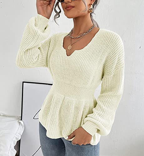 Image of Veatzaer Womens V Neck Sweaters Fall Trendy Casual Long Lantern Sleeve Ribbed Knit Pullover Sweater Tops