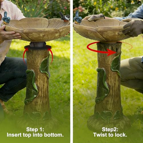 Image of SunJet 24 inch High x 19 inch Diameter Outdoor Bird Bath with Tree Stump Leaf Design - Fibre Reinforced Concrete Birdbaths for Garden, Patio, Yard, Lawn Decor