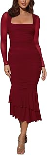 Women's Ruched Bodycon Long Sleeve Square Neck Wedding Guest Dress Formal Mermaid Evening Cocktail Party Maxi Dresses