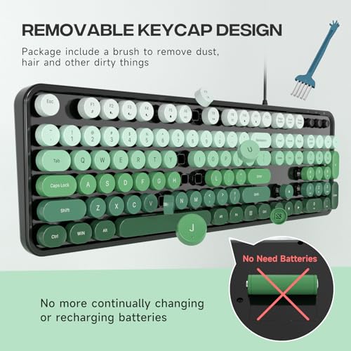 Image of MOFII Computer Keyboard Wired,Round Key Retro Typewriter Keyboard Full Size | USB Plug and Play, for Laptop, PC, Desktop, Windows (Black Green Gradient Color)