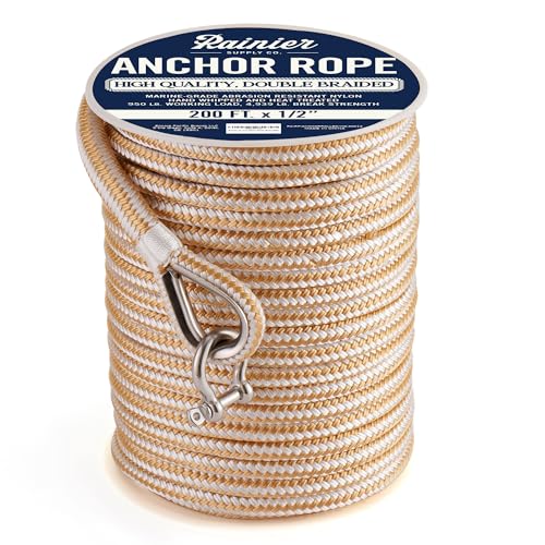 RainierSupplyCo Boat Anchor Rope - Double Braided Marine Rope Anchor Line - 200 ft x 1/2 Inch Nylon Boating Line with 316 Stainless Steel Thimble and Heavy Duty Marine Grade Snap Hook - White/Gold
