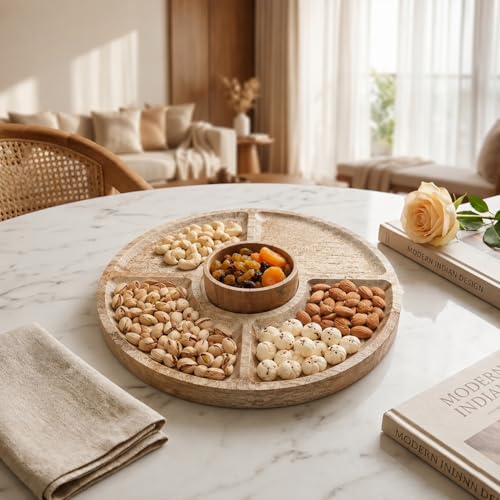 Image of The Earth Store Round Wooden Platter with Bowl (11 Inch) - 5 Partition Snack Serving Tray for Fruits, Snacks, Desserts & Finger Food