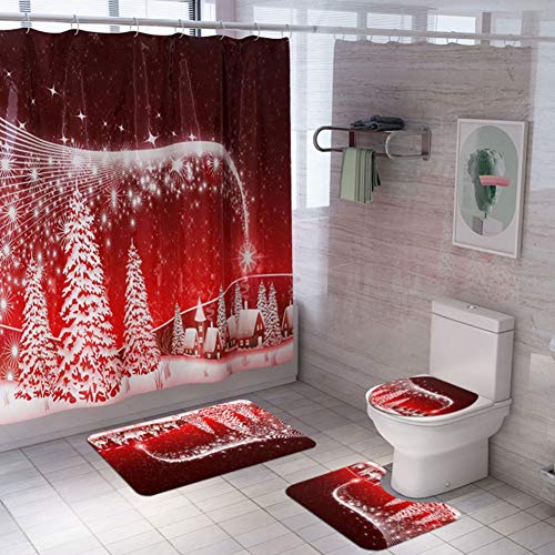 ARTIFUN 4 Piezas Decoraciones de Baño de Navidad Cubierta de Asiento de Inodoro Alfombra Juegos de Cortina de Ducha Navidad Santa Claus Elk Muñeco de Nieve Juegos de Decoración de Baño