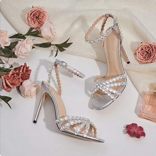 Image of HOCHFART Women's Rhinestone Stiletto High Heels Buckle Strappy Heeled Sandals Round Toe Sexy Dressy Pumps Shoes