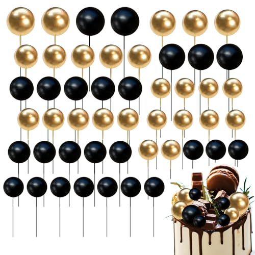 Lot de 50 décorations de gâteau en forme de ballon en mousse noire et dorée pour décoration de gâteaux, anniversaire, mariage