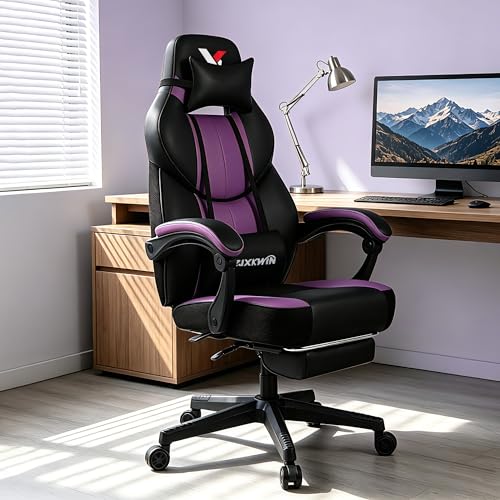 Image of Big and Tall Gaming Chair 400lbs with Footrest - Heavy Duty Ergonomic Computer Office Chair for Adults, Wide Desk Chair with Pocket Spring Cushion & Linkage Armrests Purple