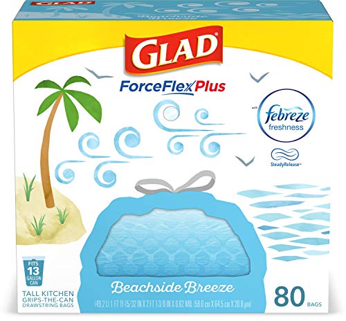 Glad ForceFlexPlus Tall Kitchen Drawstring Trash Bags - 13 Gallon Trash Bag, Febreze Beachside Breeze - 80 Count (Package May Vary)